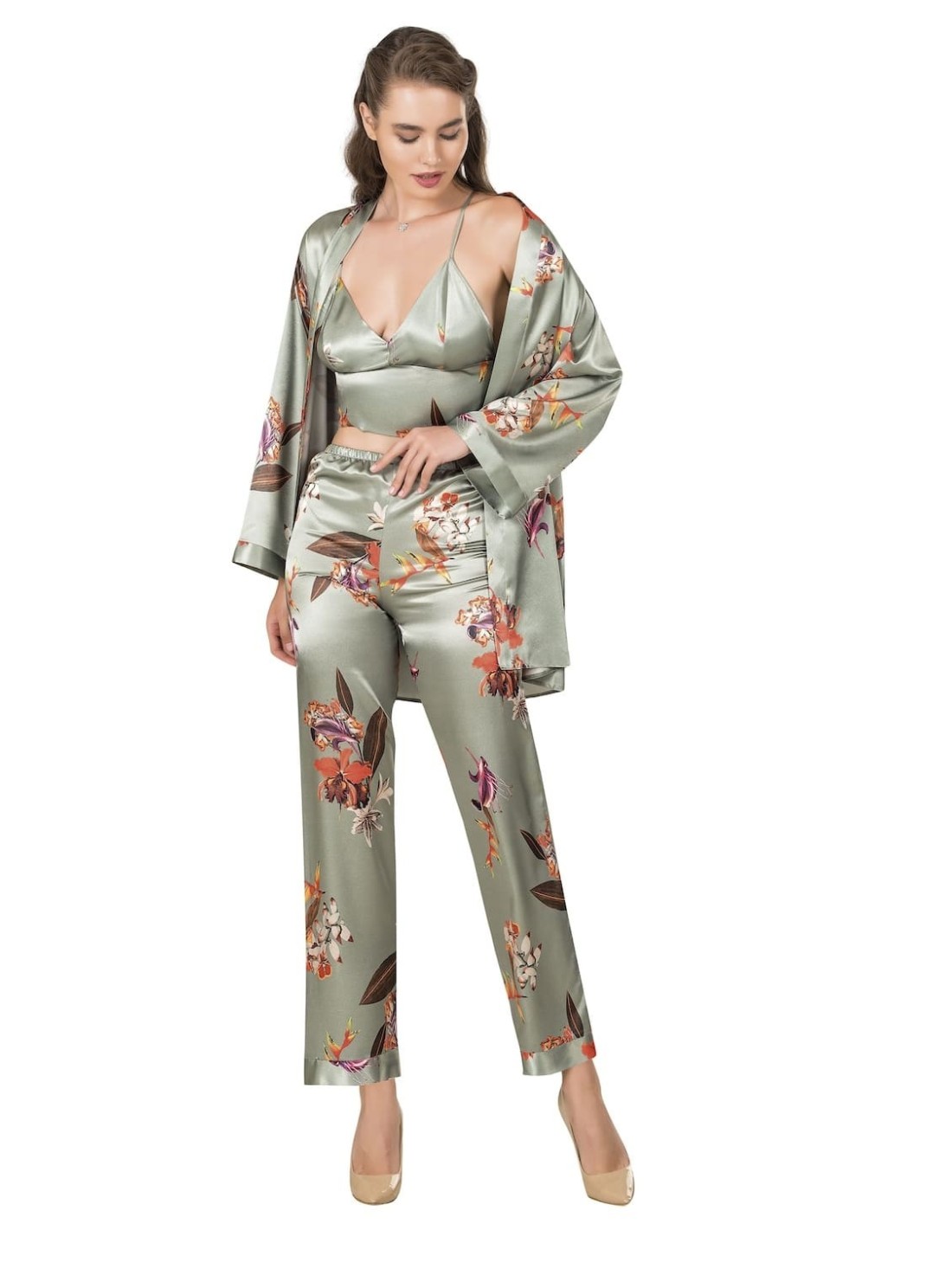 Eleganter dreiteiliger Damenpyjama, Oberteil, Hose, Bademantel, Oliv PIZ334 - Online-Shop - Boutique